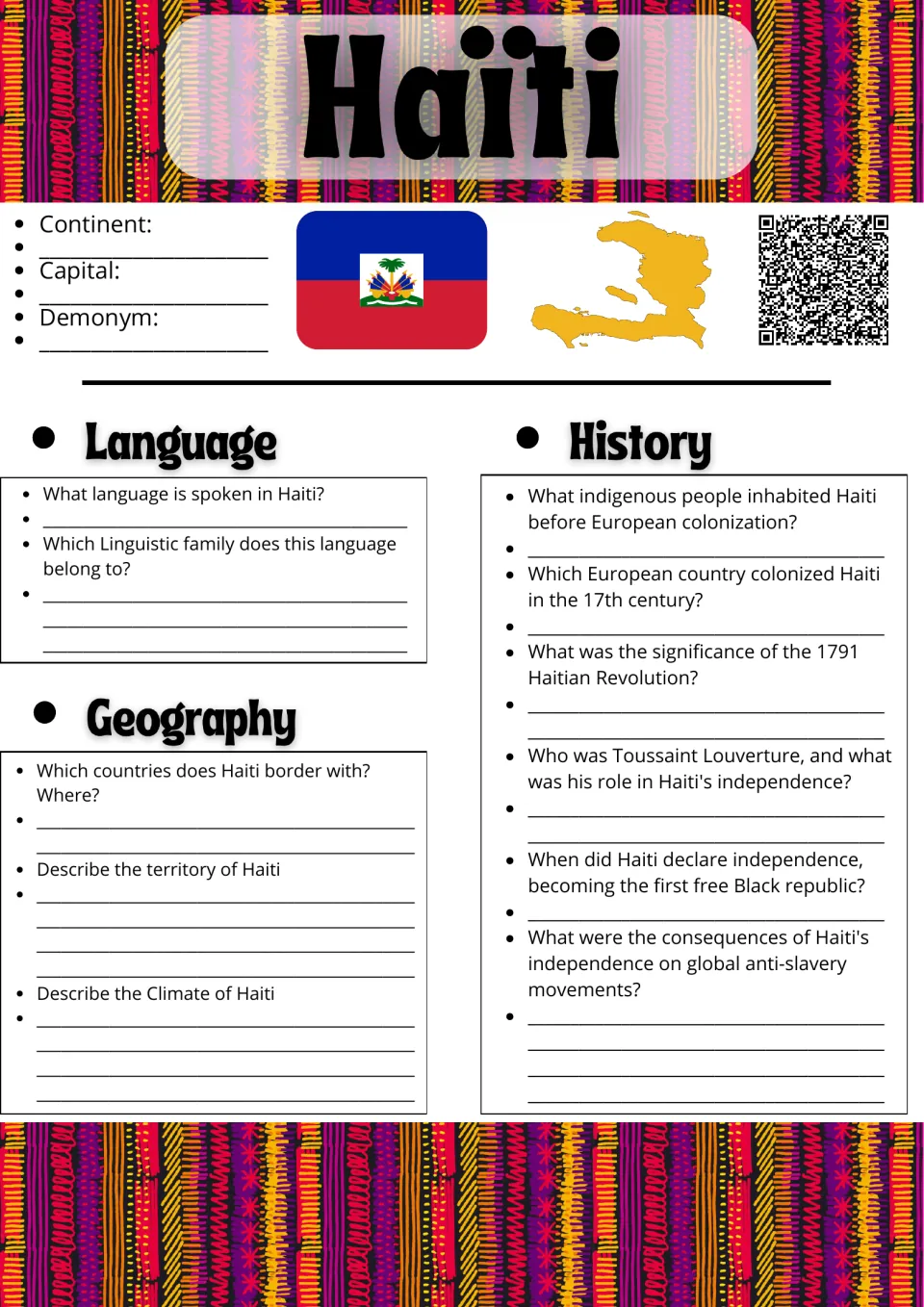 Haiti country study: students note continent and capital, then answer language, geography and history questions
