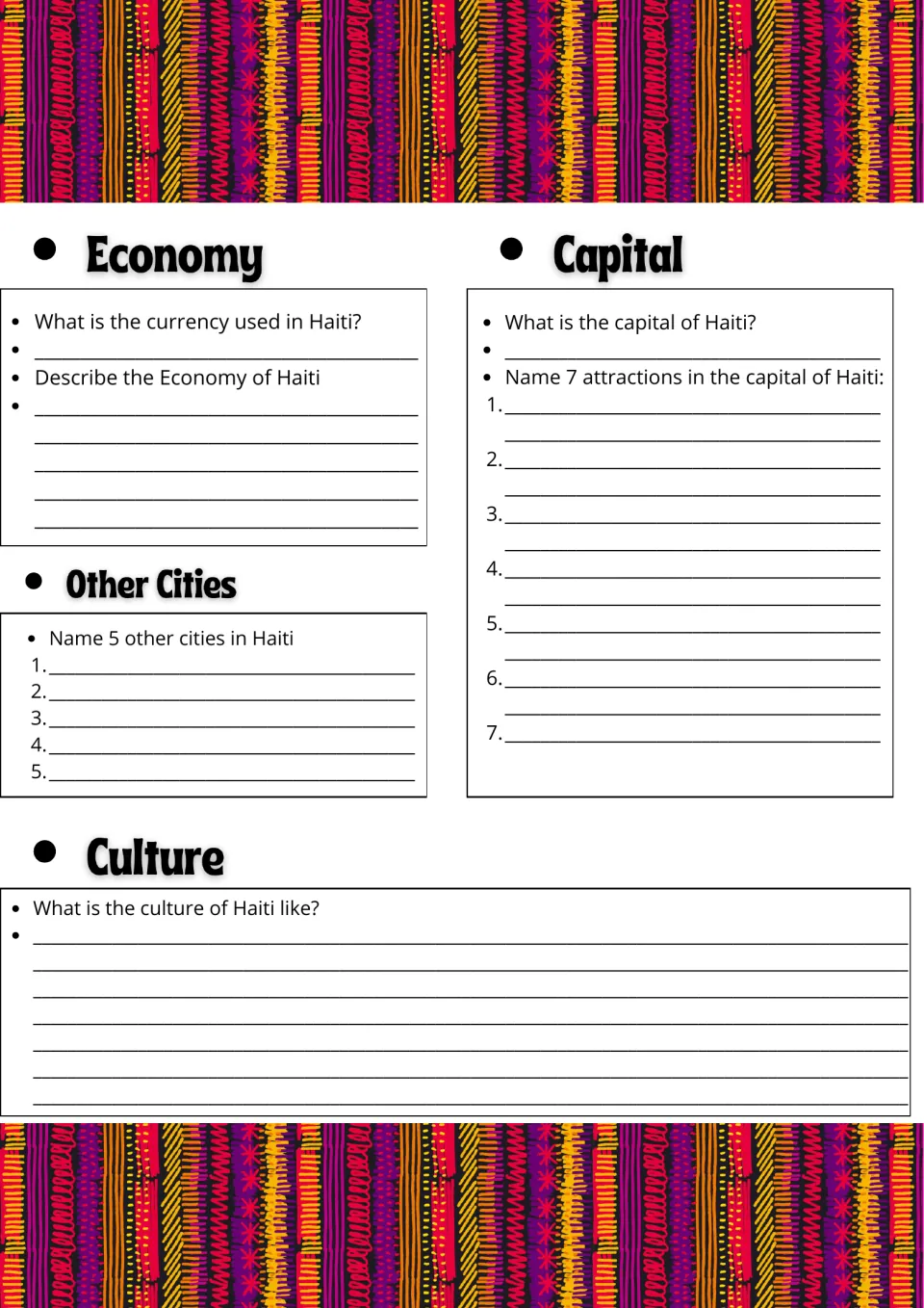 Haiti economy and culture: students name the currency, 5 other cities and 7 capital attractions, and describe the culture