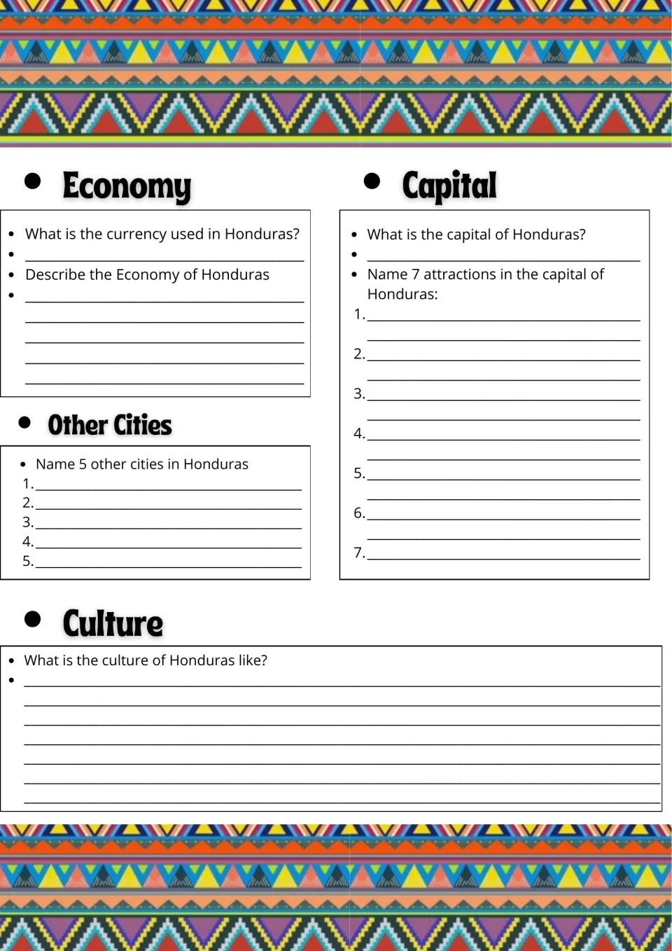 Honduras economy, cities and culture: students name the currency, list 5 cities and 7 capital attractions, describe culture