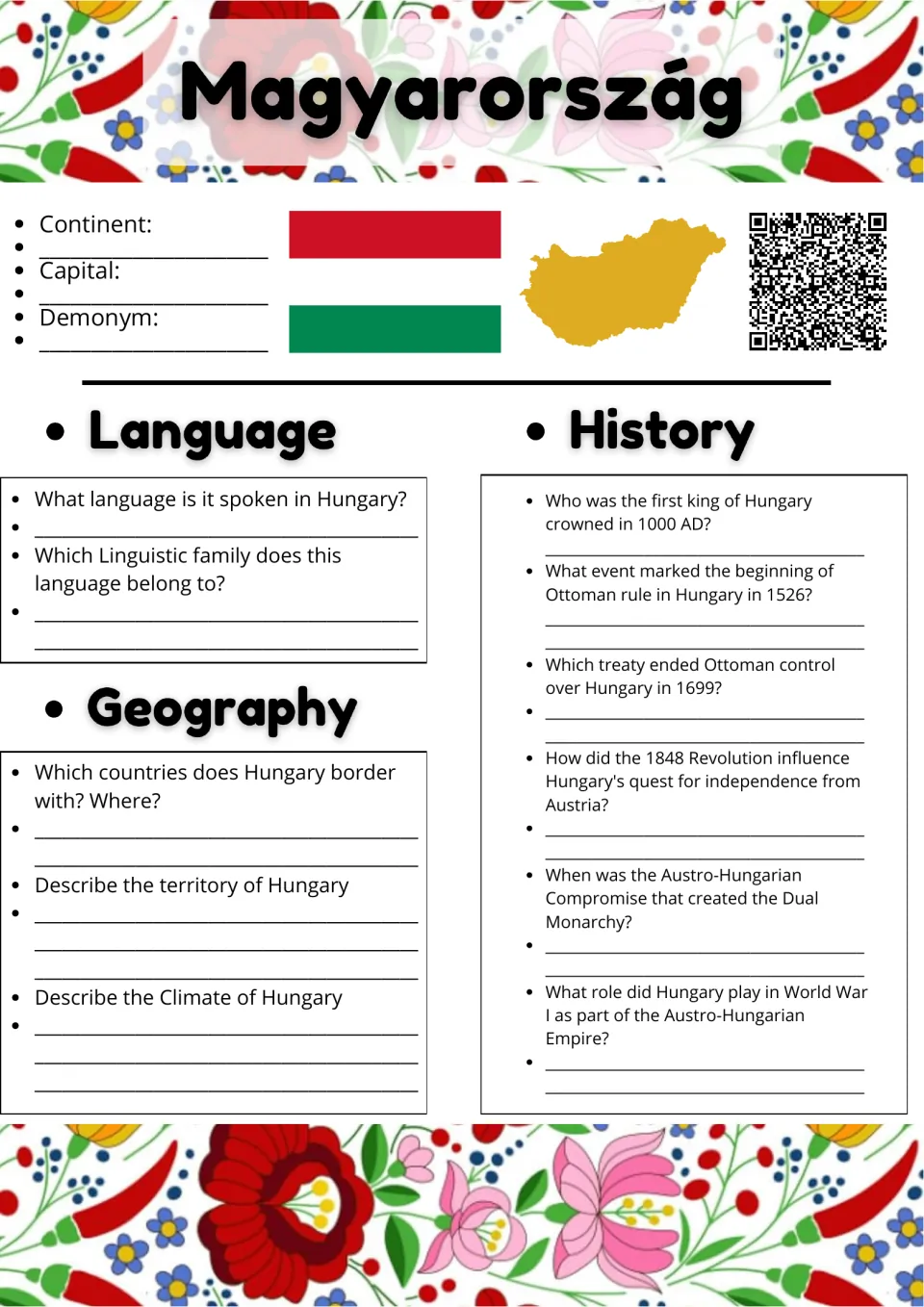 Magyarország country study: students note capital and demonym, then answer language, geography and history questions