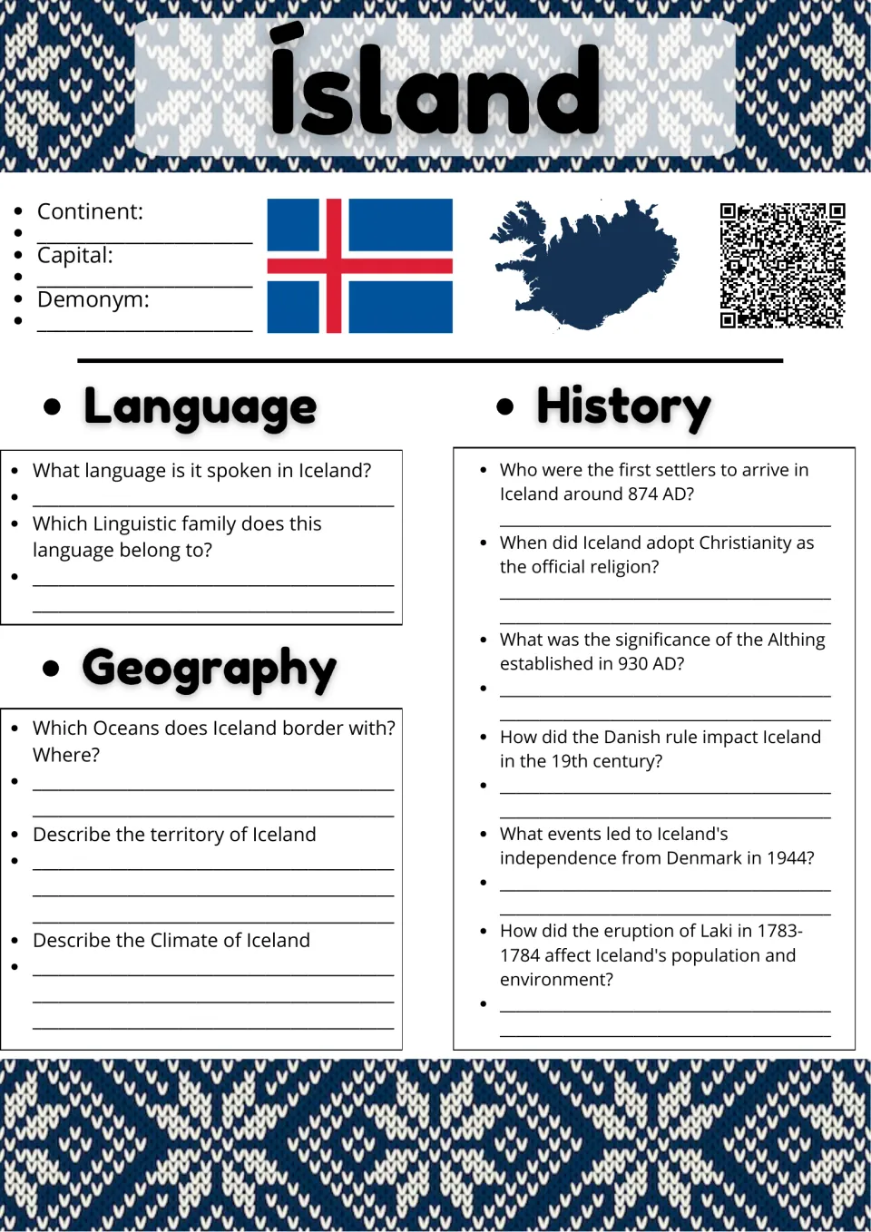 Ísland country study: students answer questions on Iceland's language, geography and history, from 874 AD settlers to 1944