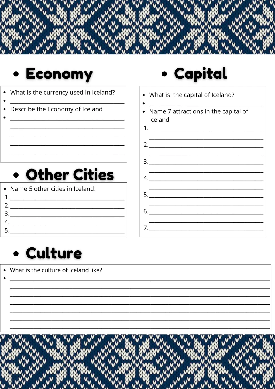Iceland research, part 2: students describe the economy and culture, name the currency, 5 other cities and 7 capital sights