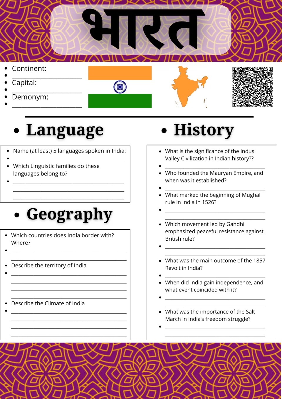 India country study: students note continent and capital, then answer language, geography and history questions