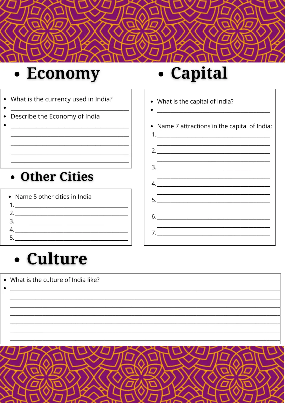 India economy, capital and culture: students name the currency, 5 other cities, 7 capital attractions and describe culture