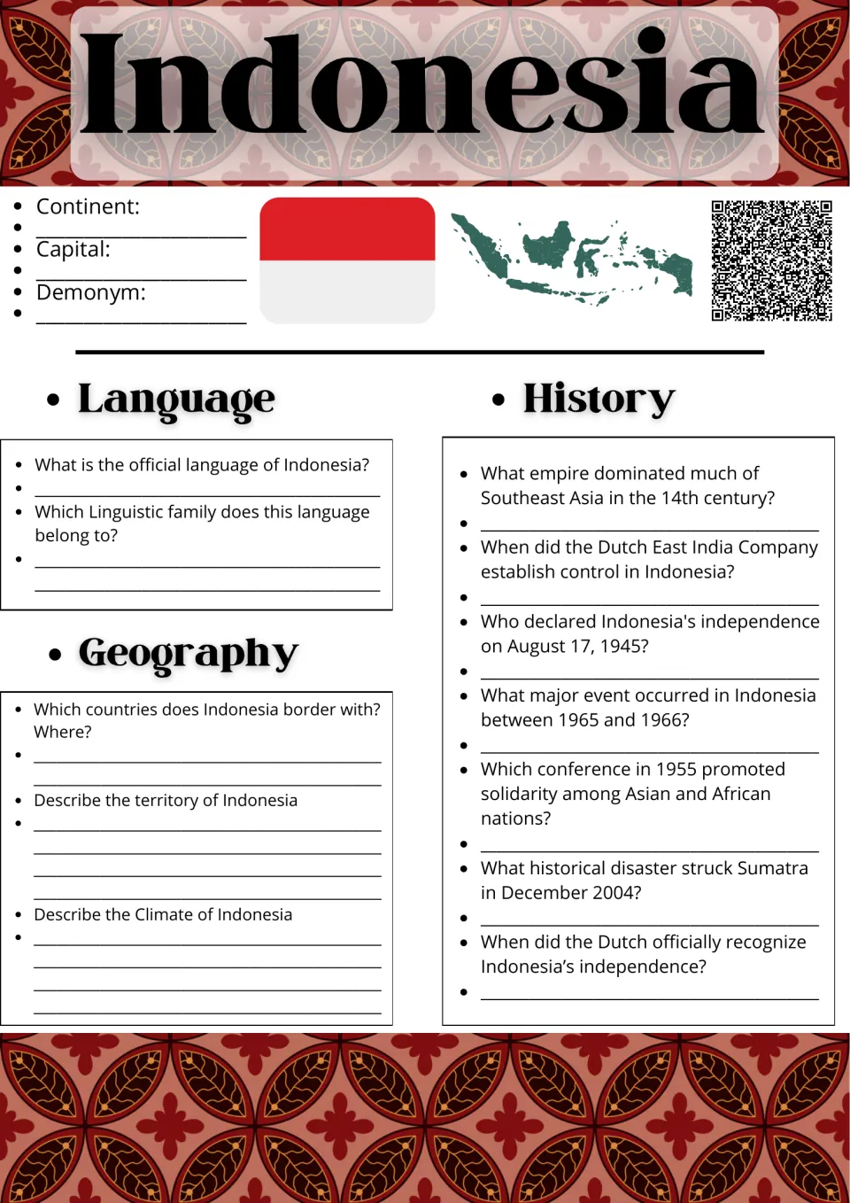 Indonesia country study: students note capital and demonym, then answer language, geography and history questions