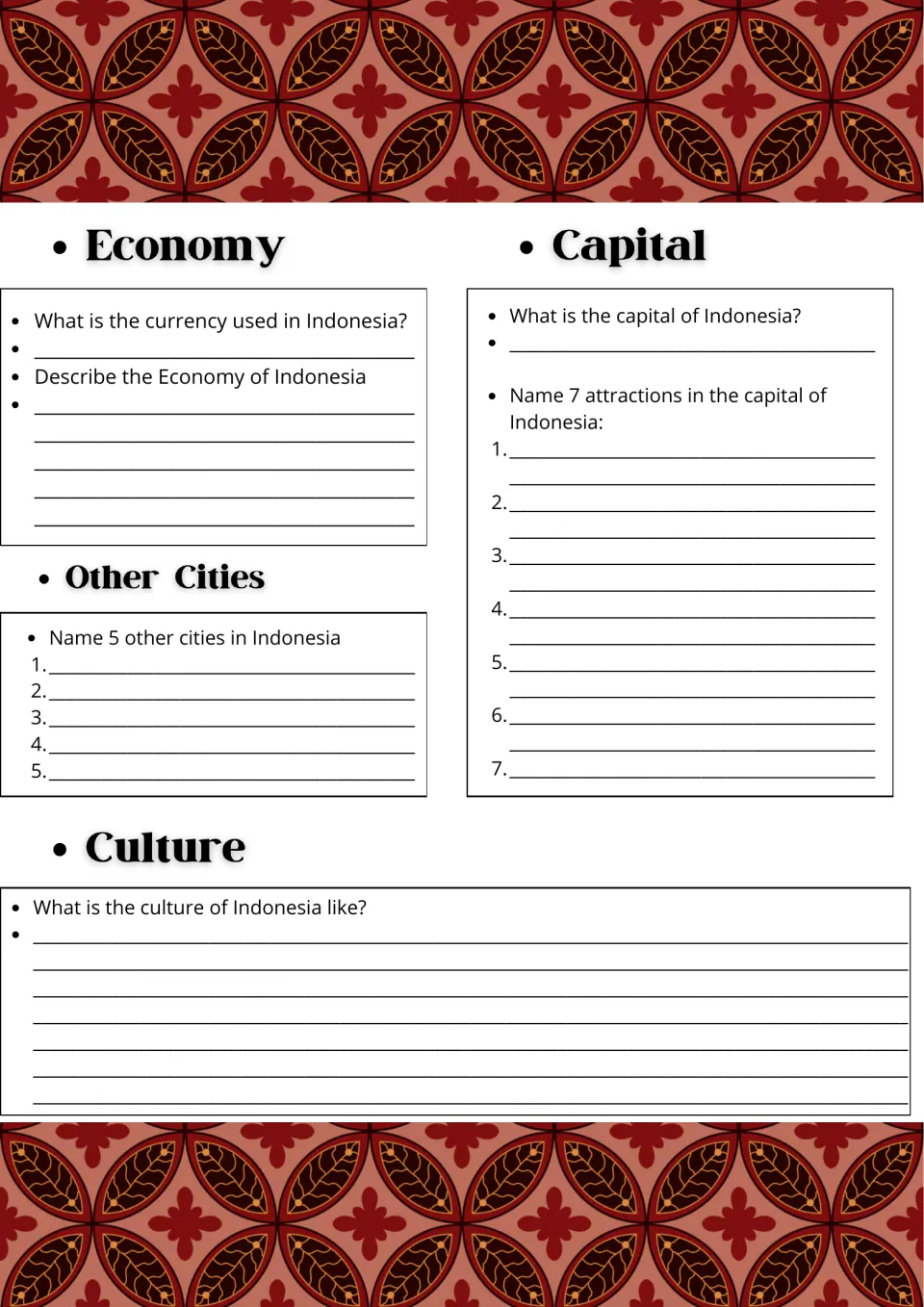 Indonesia economy and daily life: students give currency, list 7 capital attractions and 5 other cities, describe culture