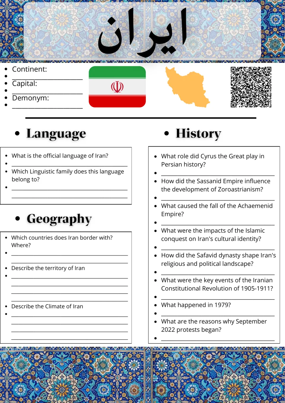 Iran fact file: students record continent and capital, then answer language, geography and history questions up to 2022
