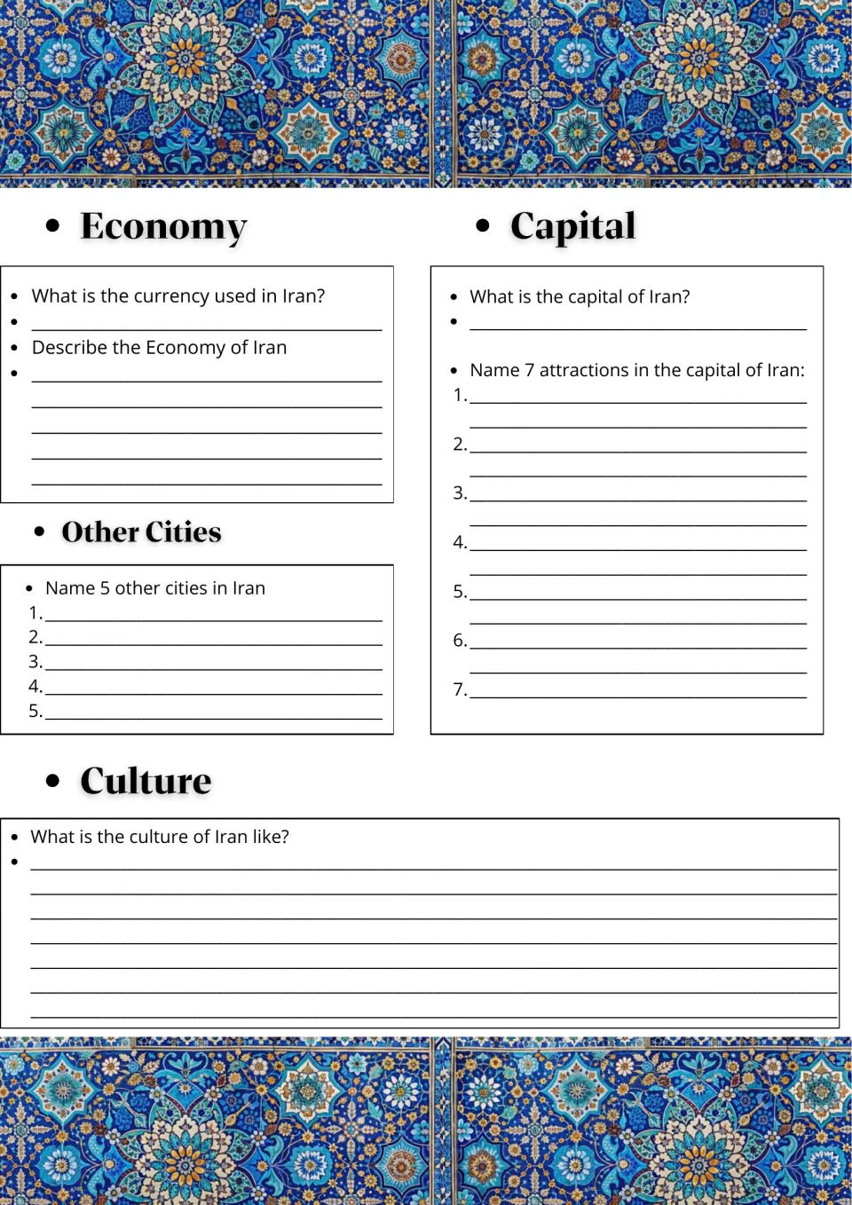 Iran economy and culture: students name the currency, describe the economy, list 5 cities and 7 sights in the capital