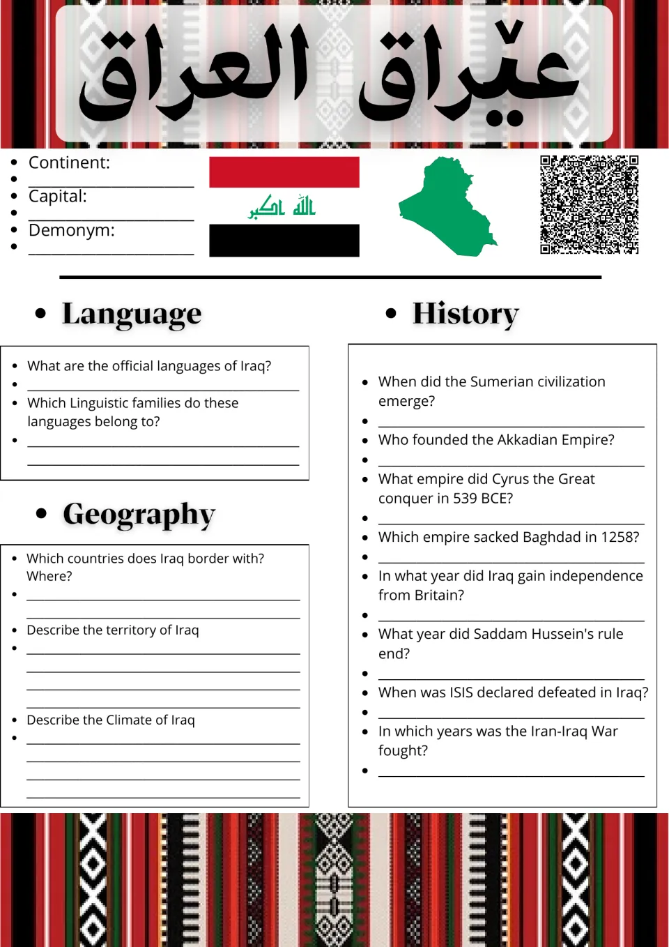 Iraq country study: students record capital and demonym, then answer language, geography and history questions
