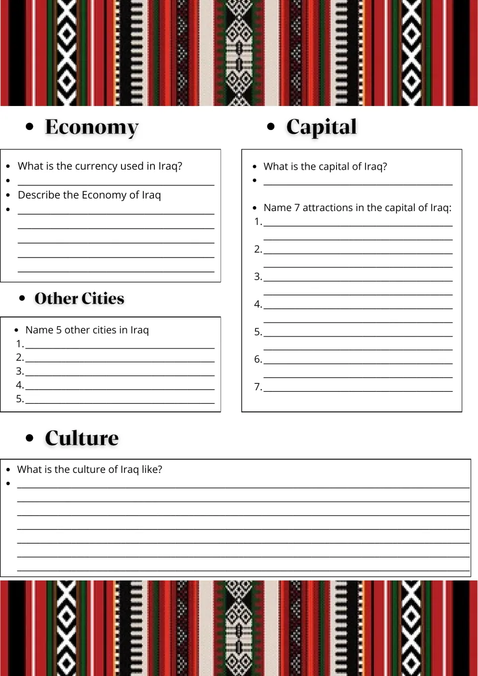 Iraq economy and culture: students name the currency, 5 other cities and 7 sights in the capital, then describe culture