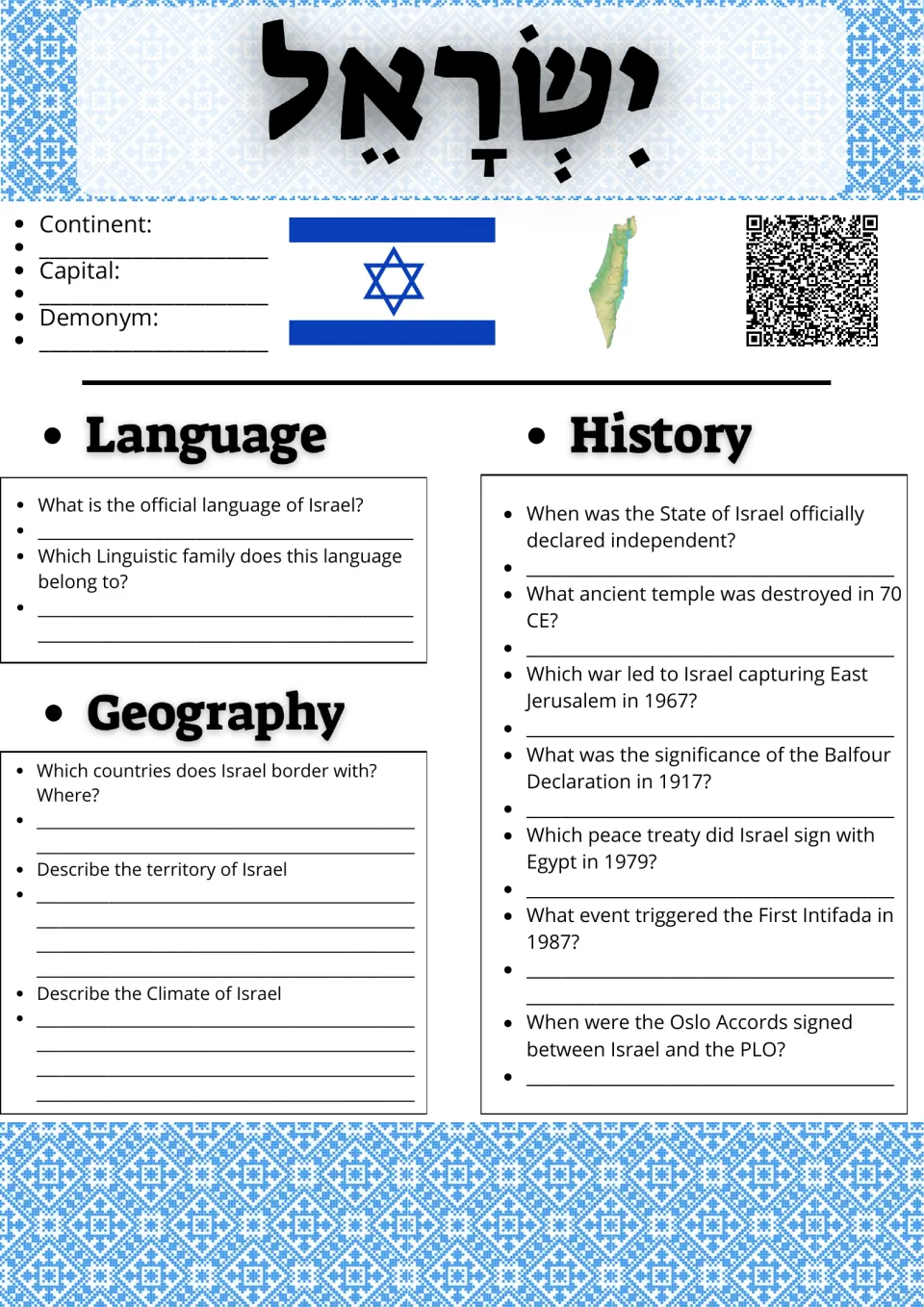 Israel country study: students record capital and demonym, then answer language, geography and history questions