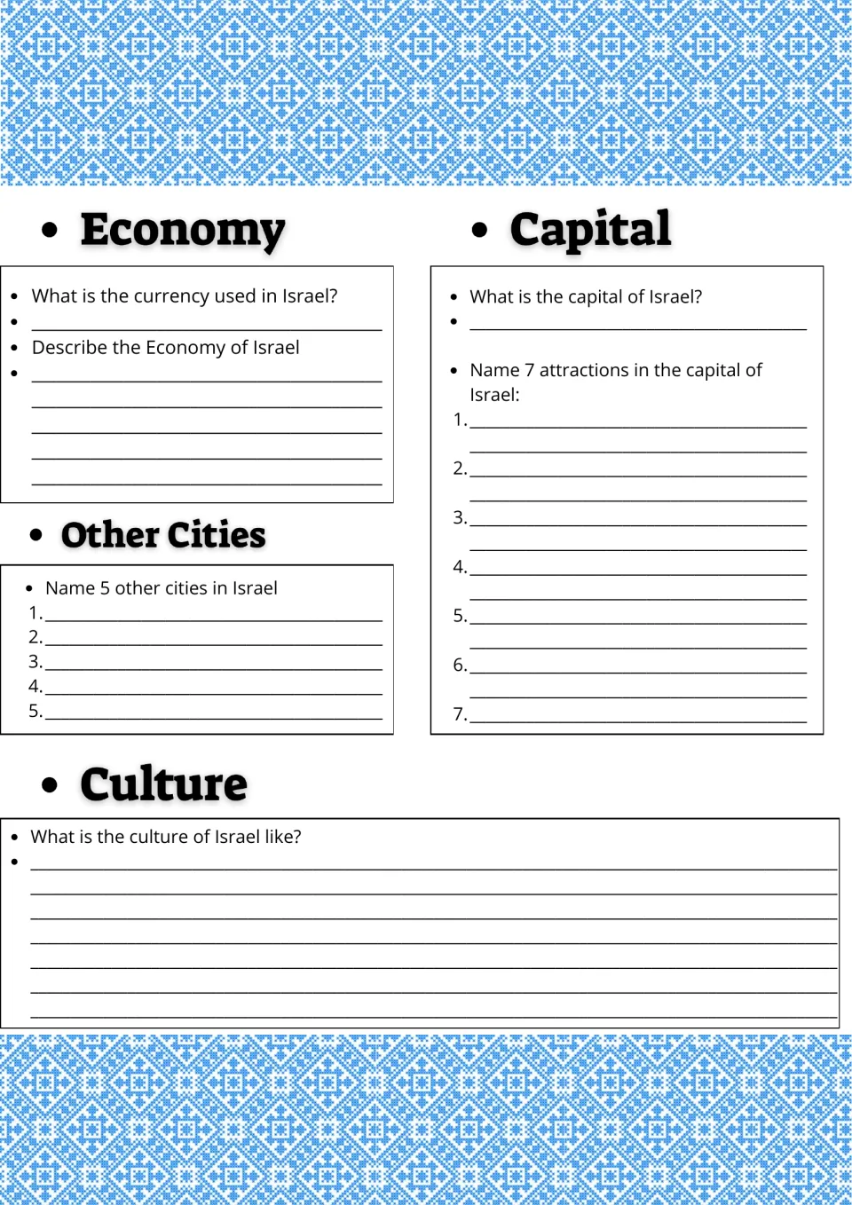 Israel economy, capital and culture: students name the currency, 5 other cities and 7 attractions in the capital