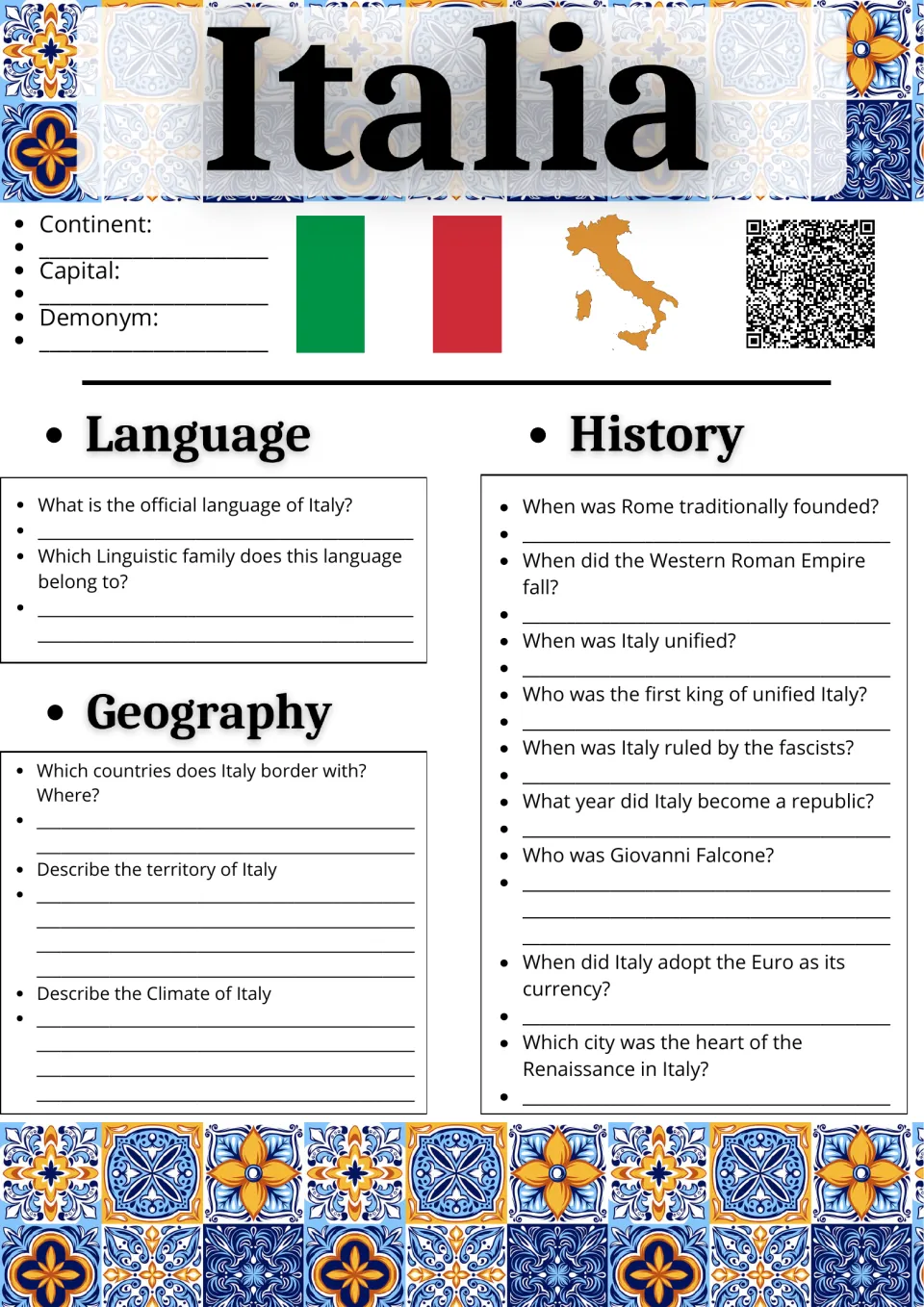 Italia country study: students note continent, capital and demonym, then answer language, geography and history questions