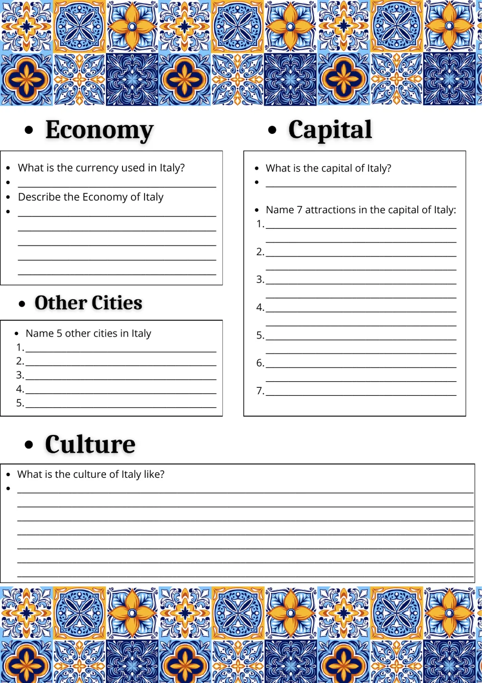 Italy economy and capital: students name currency, 7 attractions in the capital and 5 other cities, then describe culture