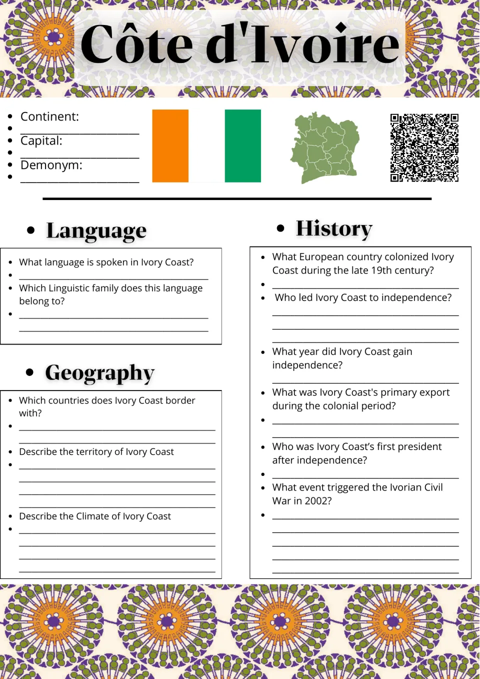 Côte d'Ivoire country study: students research language, geography and history questions beside the flag and map