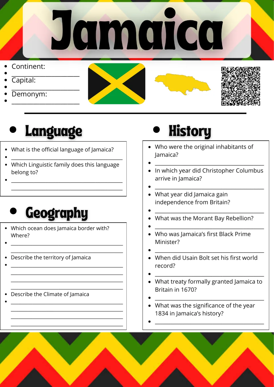 Jamaica fact-finding: students note continent, capital and demonym, then answer language, geography and history questions
