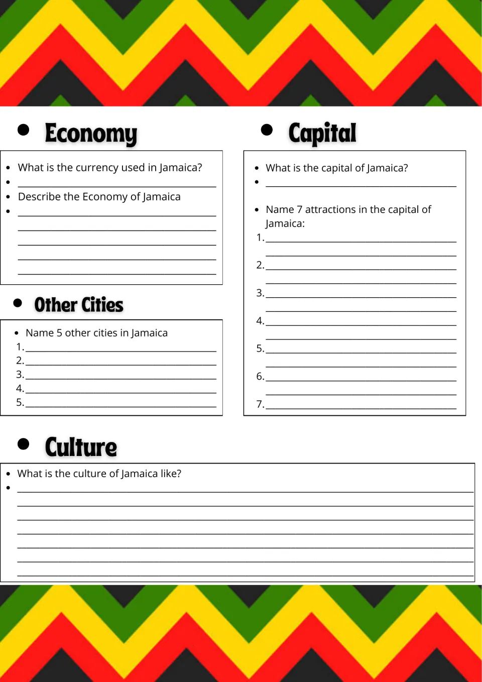 Jamaica economy and culture: students name the currency, 5 other cities and 7 capital attractions, then describe the culture