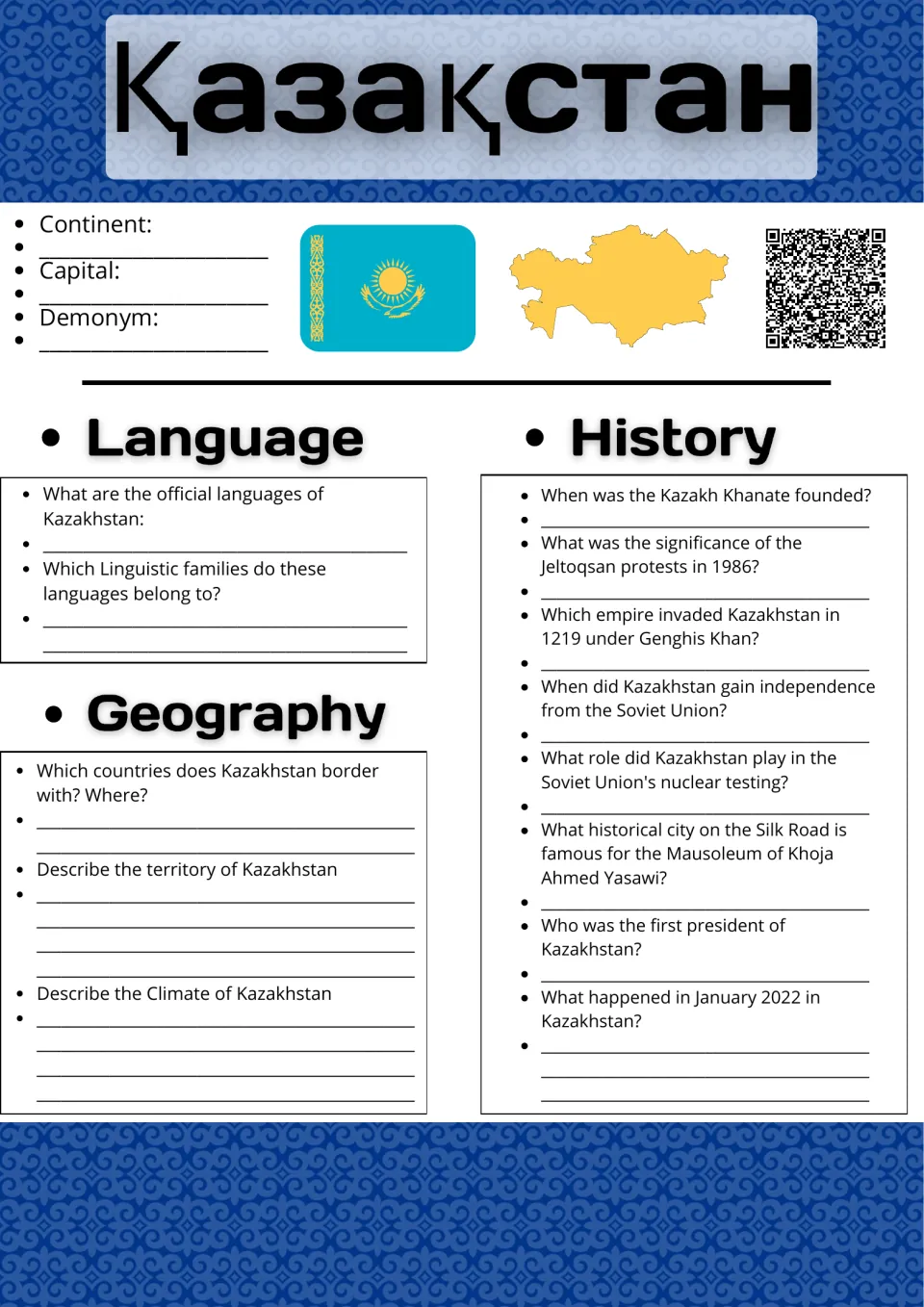 Kazakhstan basics: students fill in continent, capital and demonym, then answer language, geography and history questions