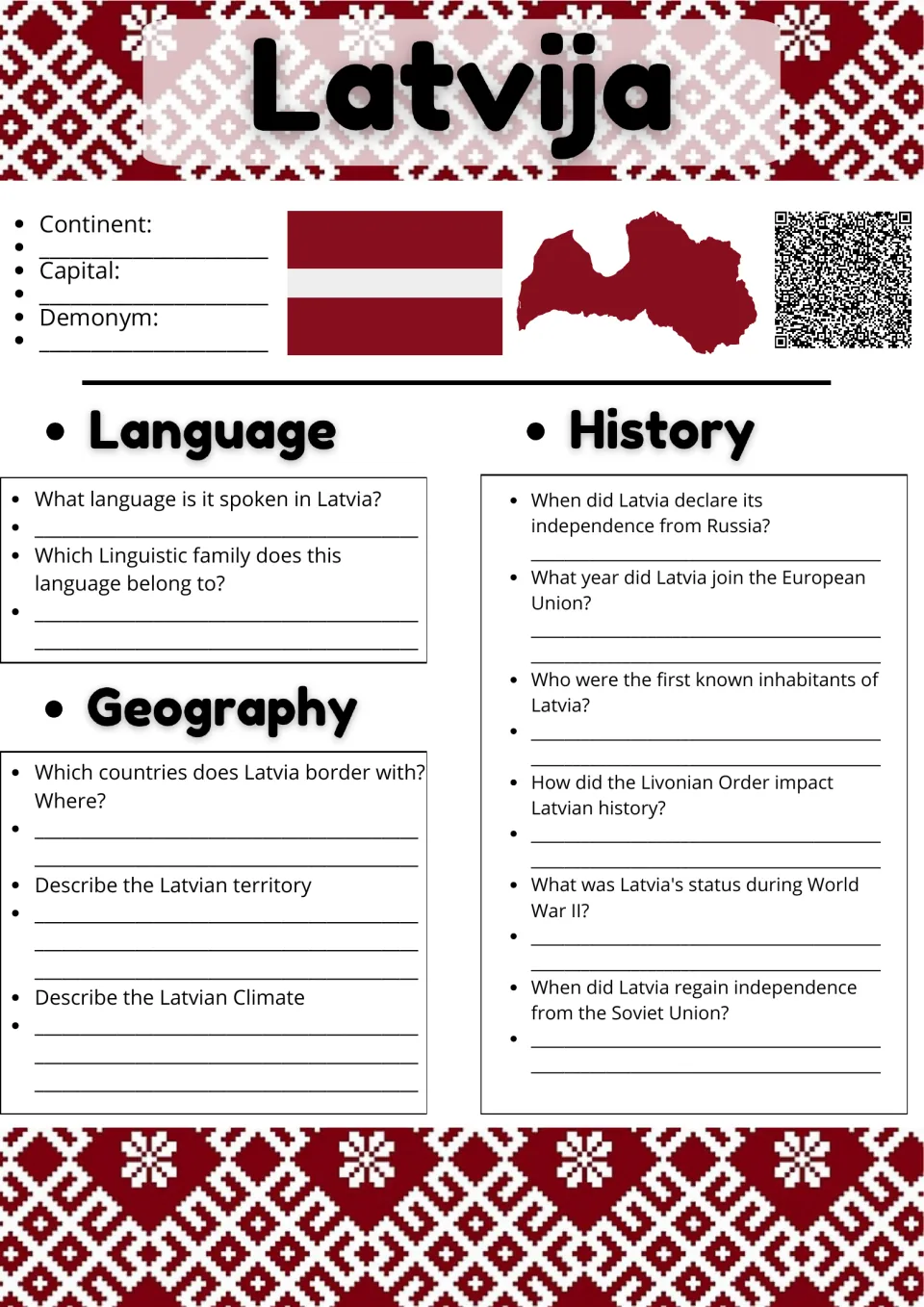 Latvija country study: students note capital and demonym, then answer language, geography and history questions