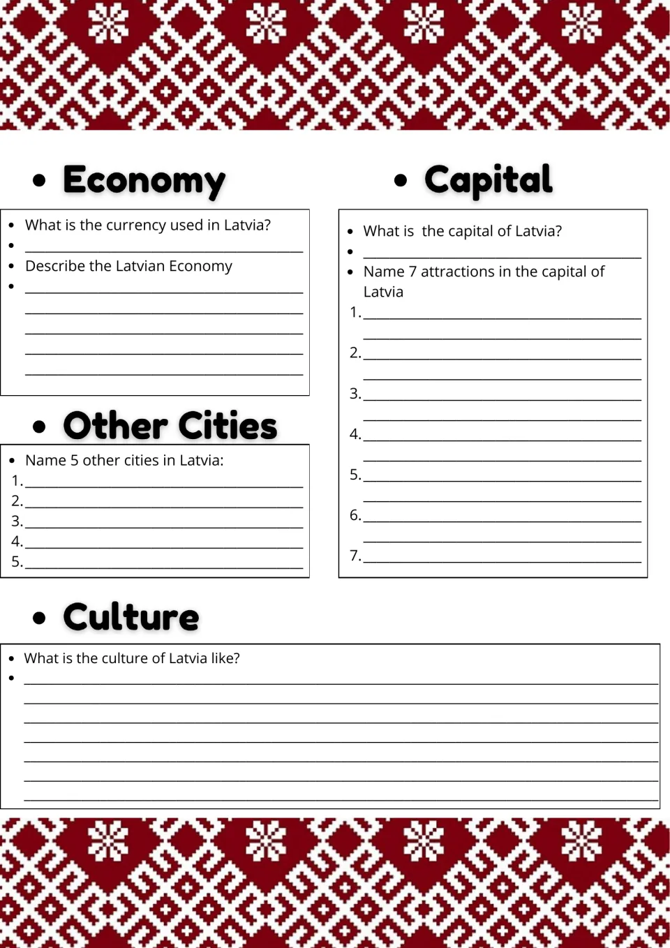 Latvia economy, capital and culture: students name the currency, 5 cities and 7 capital sights, then describe culture