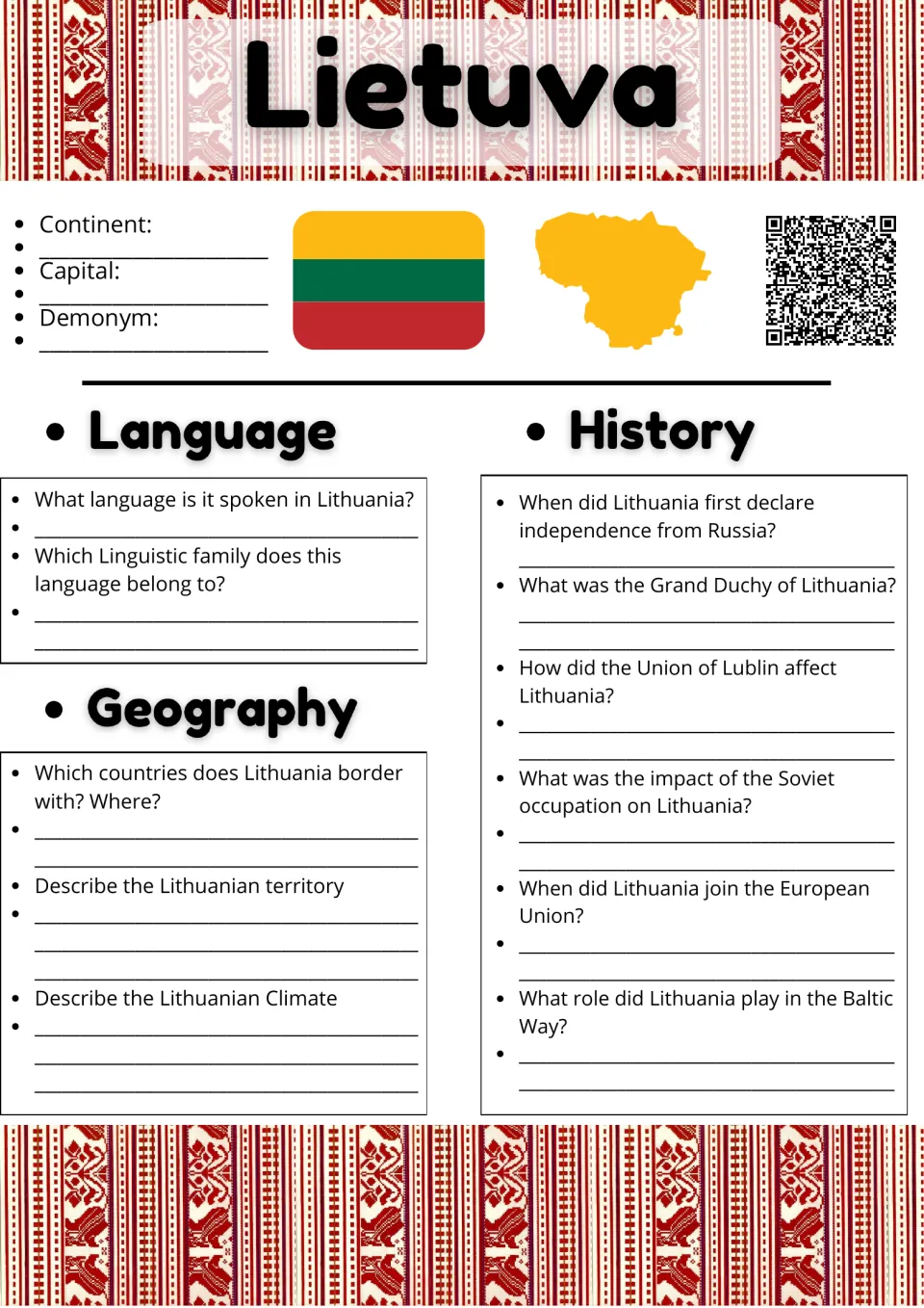Lietuva country study: students note the capital, then answer questions on Lithuania's language, geography and history