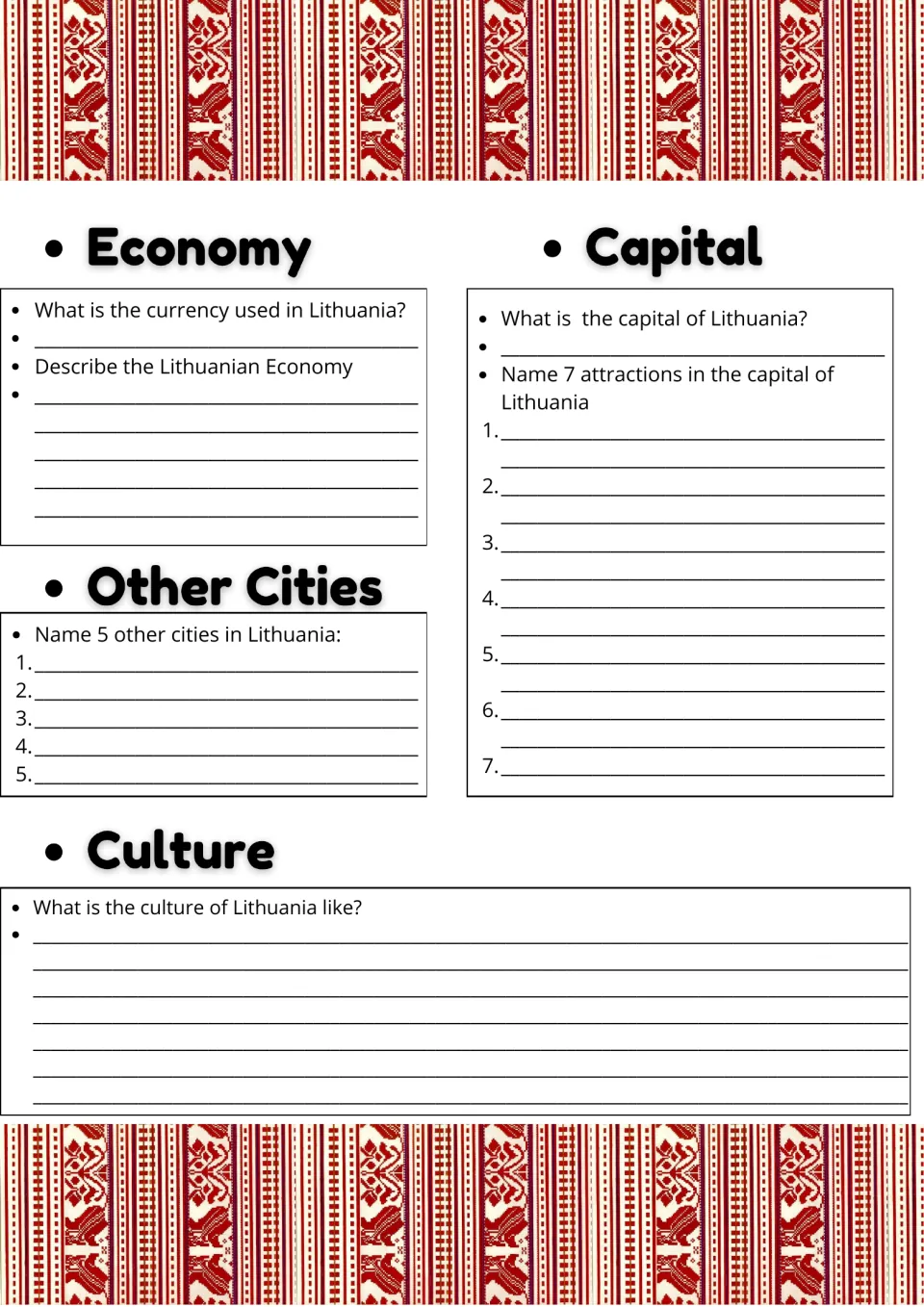 Lithuania economy, cities and culture: students name the currency, 5 other cities and 7 attractions in the capital