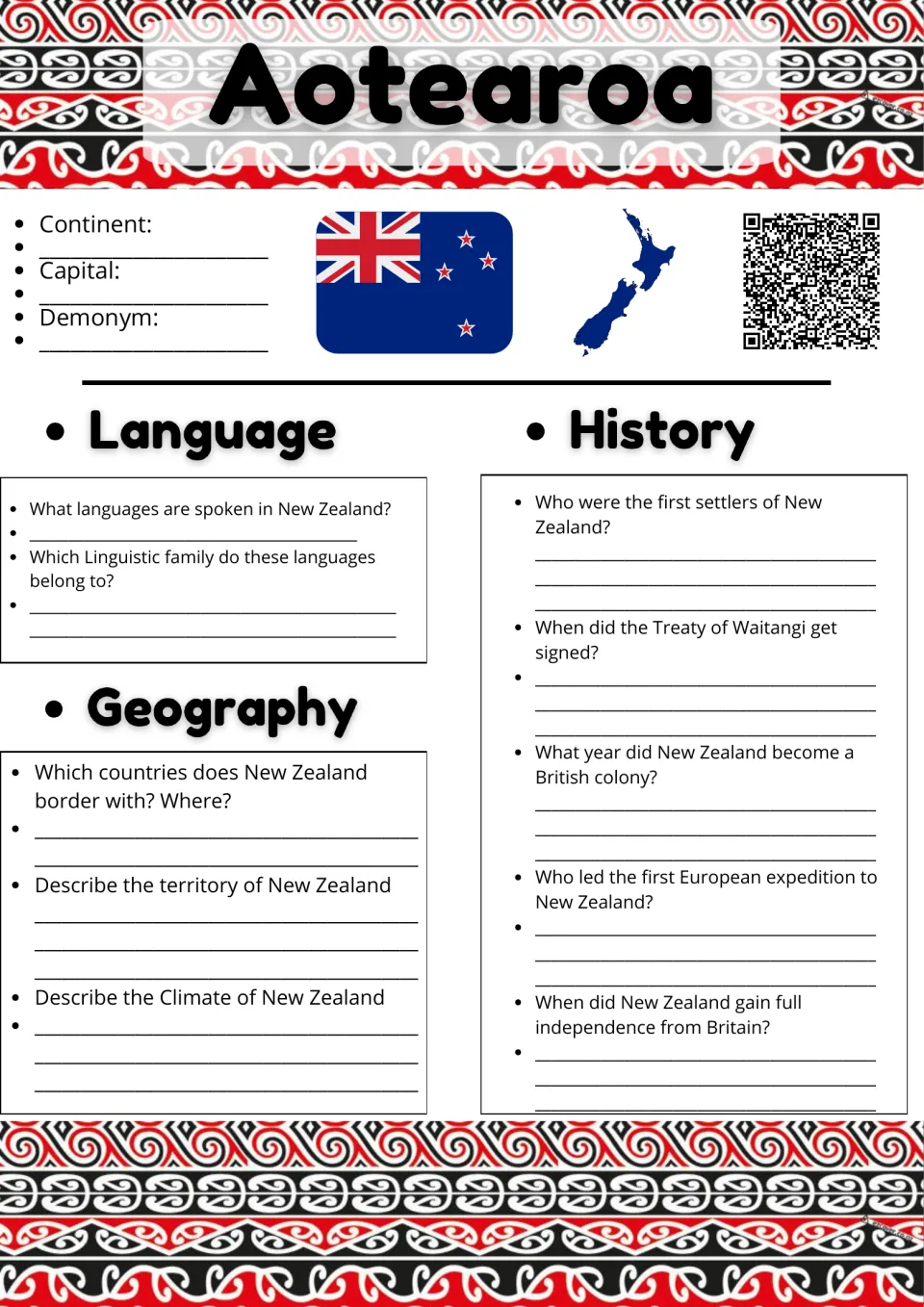 Aotearoa New Zealand research sheet: students note capital and demonym, answer language, geography and history questions