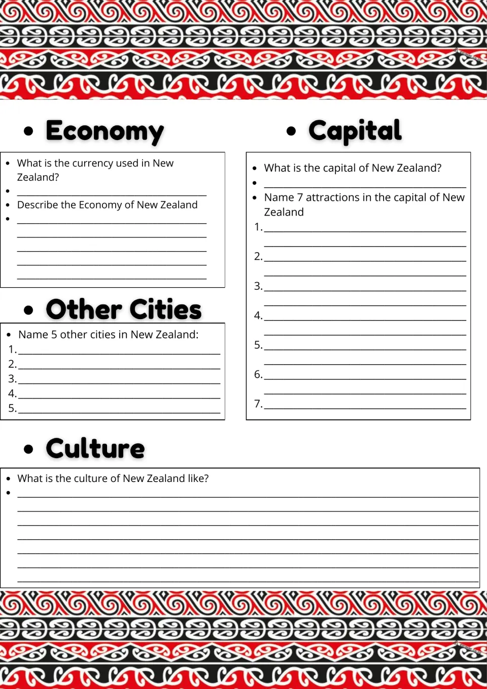 New Zealand economy and culture: students research currency, list 5 other cities and 7 attractions in the capital
