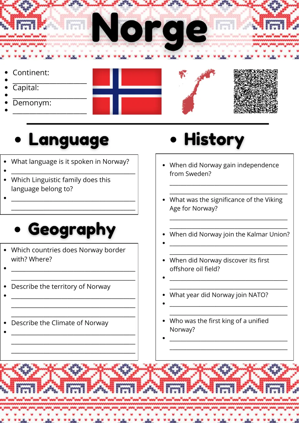 Norge country study: students note capital and demonym, then answer Norway language, geography and history questions