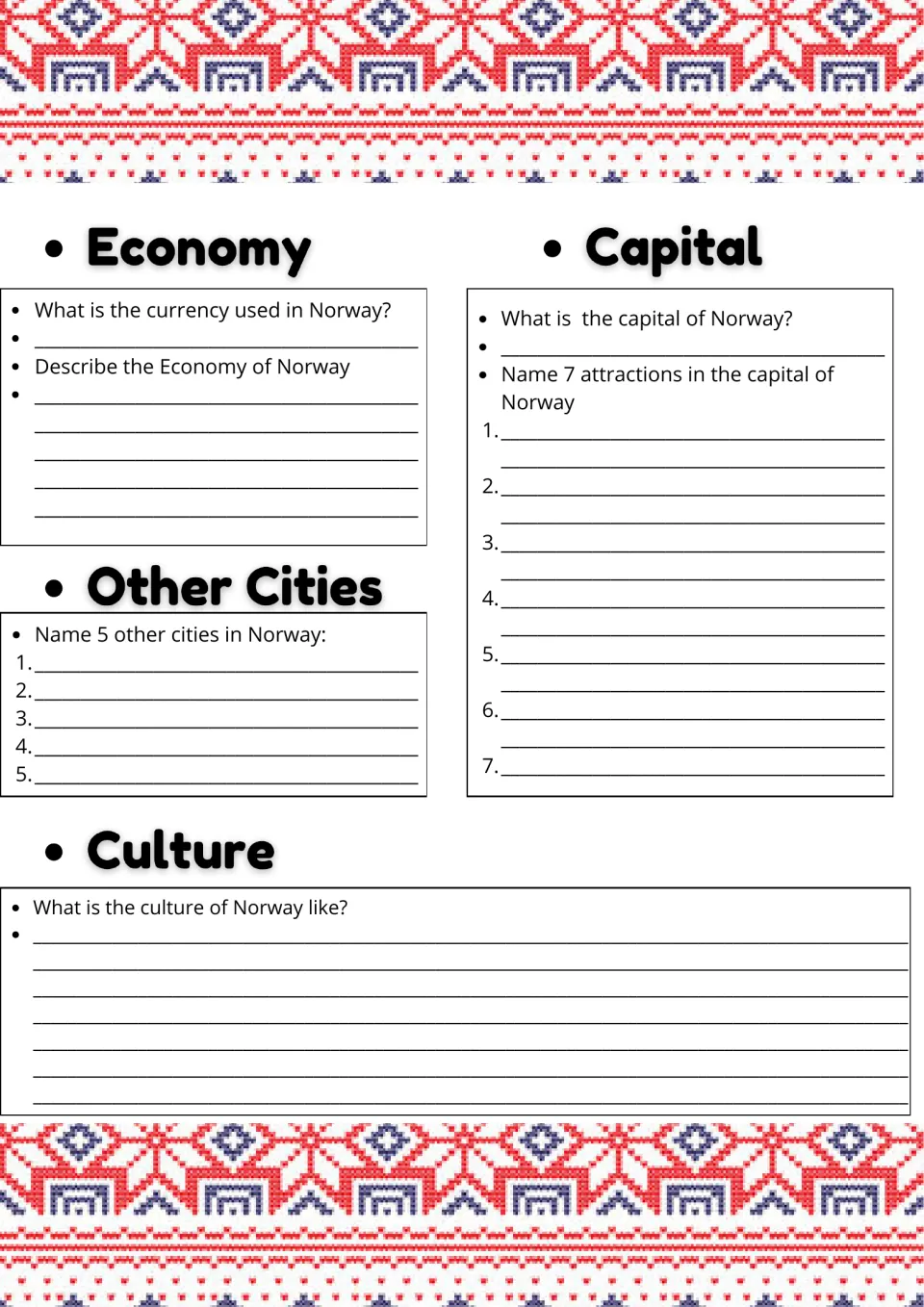 Norway economy, capital and culture: students name the currency, 5 other cities and 7 attractions in the capital