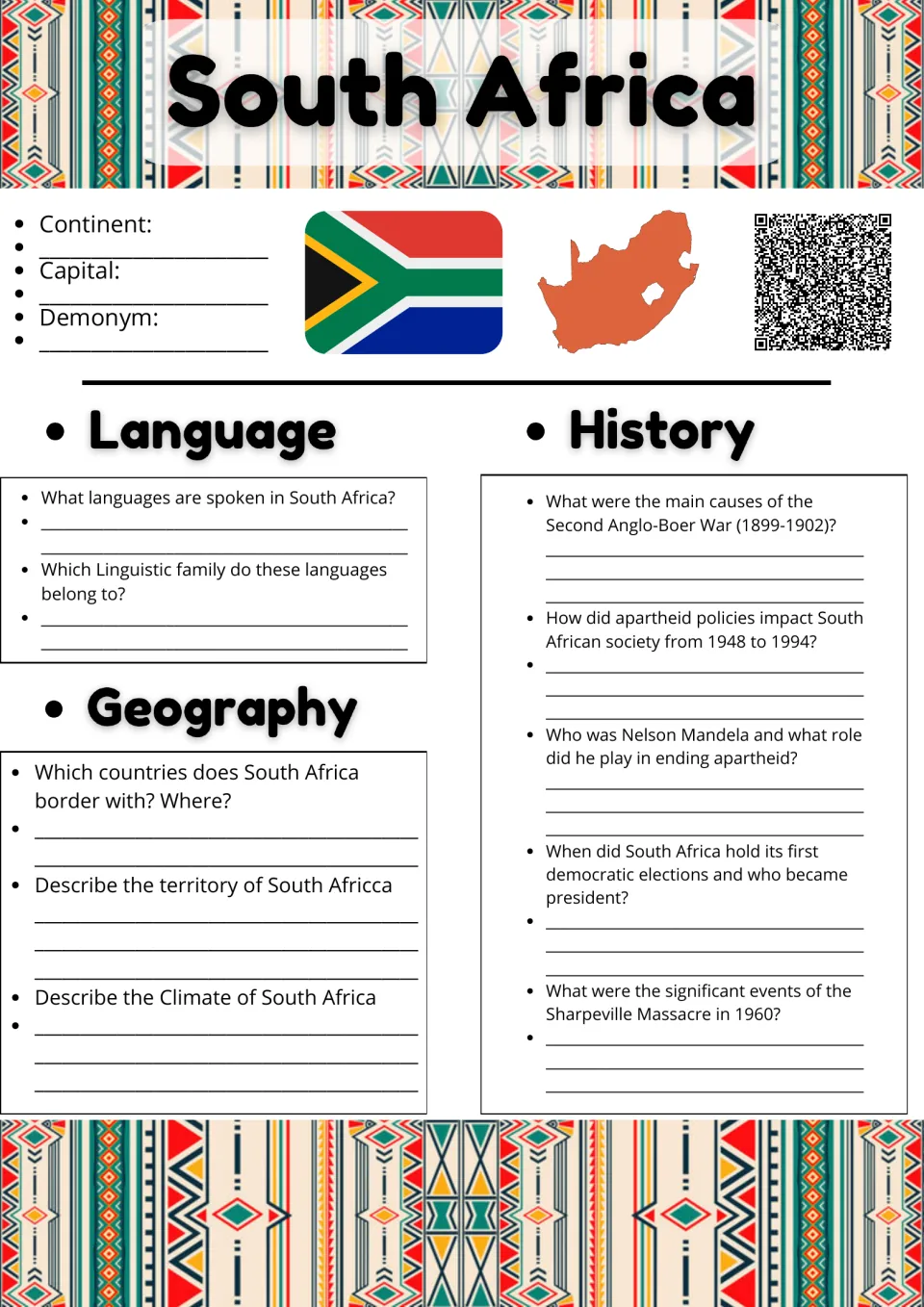South Africa country study: students record continent and capital, then answer language, geography and apartheid questions