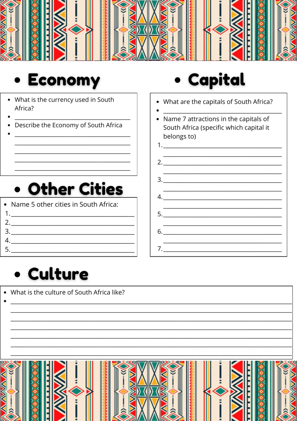 South Africa economy and culture: students name the currency, 5 cities, the capitals and 7 attractions, then describe culture
