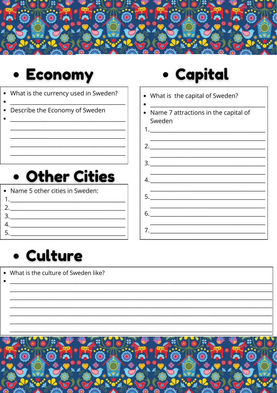 Sweden economy and culture: students name the currency, 7 capital attractions and 5 other cities, then describe the culture
