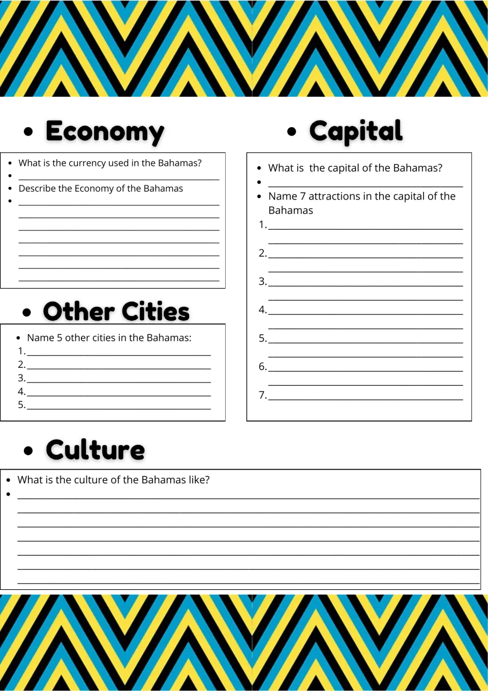 Bahamas economy and culture research: students name the currency, 7 attractions in the capital and 5 other cities
