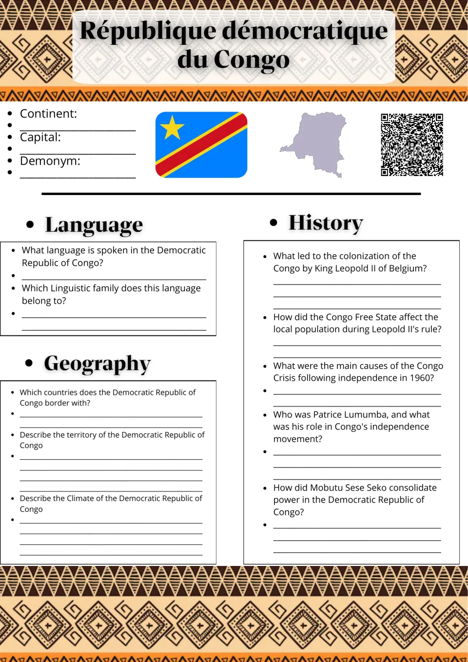 DR Congo study with flag and map: students answer language, geography and history questions on Leopold II, Lumumba