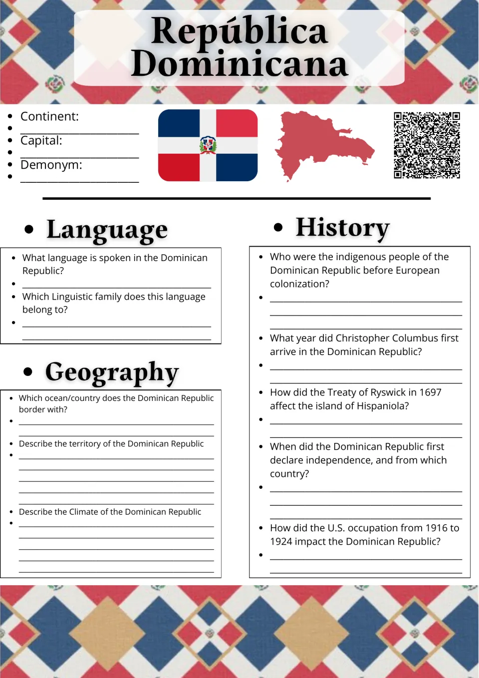 República Dominicana fact sheet: students note capital and demonym, then answer language, geography and history questions