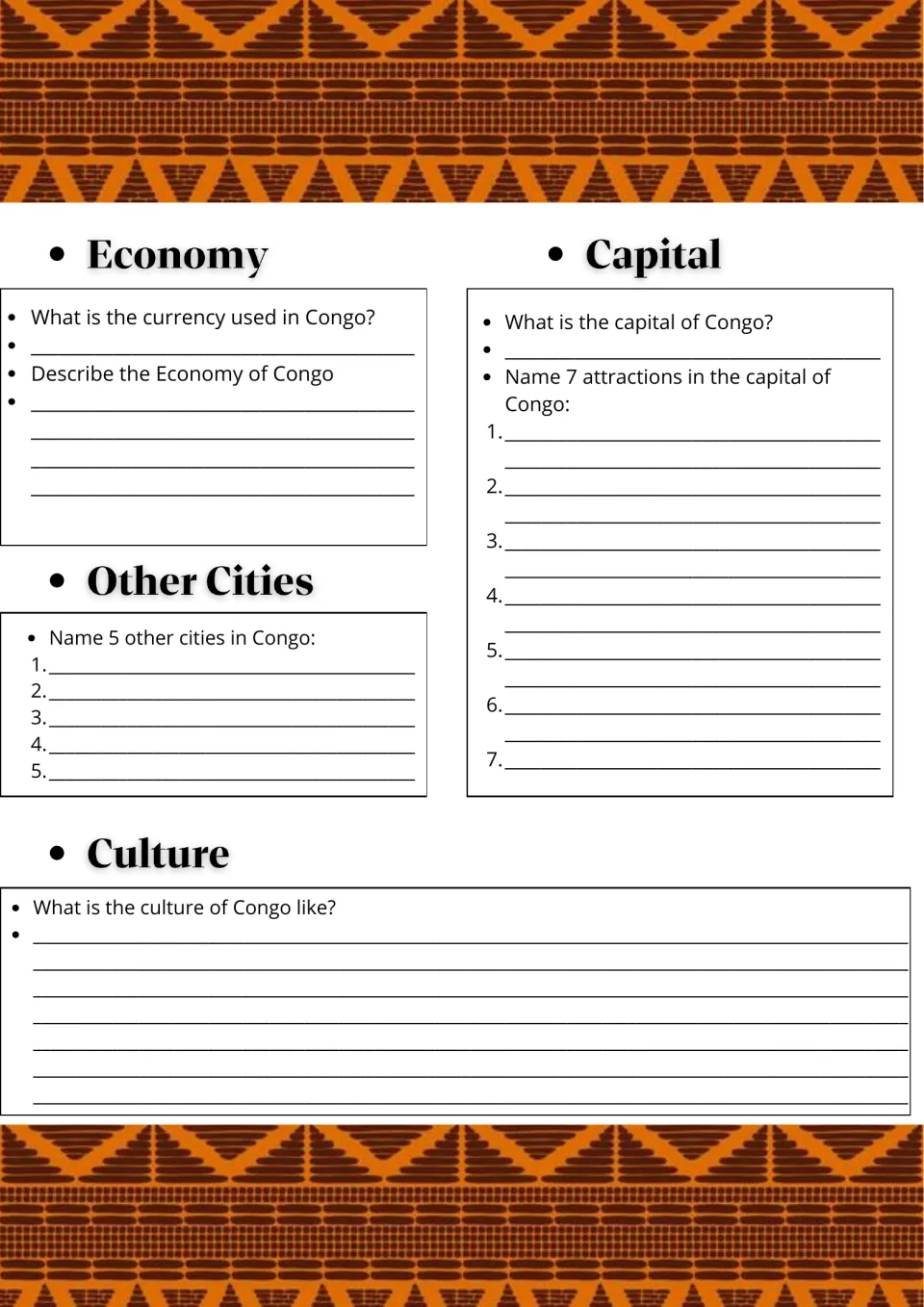 Congo economy, capital and culture: students name the currency, 5 cities and 7 capital attractions, then describe culture