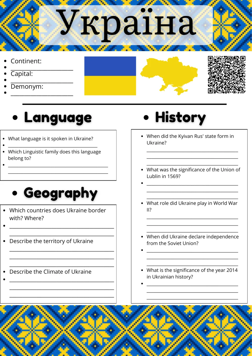 Ukraine country study: students fill in continent, capital, demonym, then answer language, geography and history questions