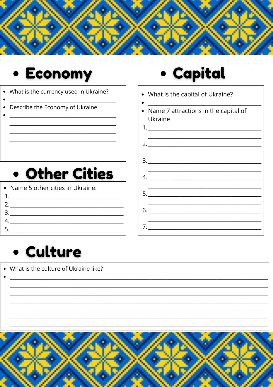 Ukraine economy, capital, cities and culture: students name currency, 7 attractions and 5 cities, and describe the culture