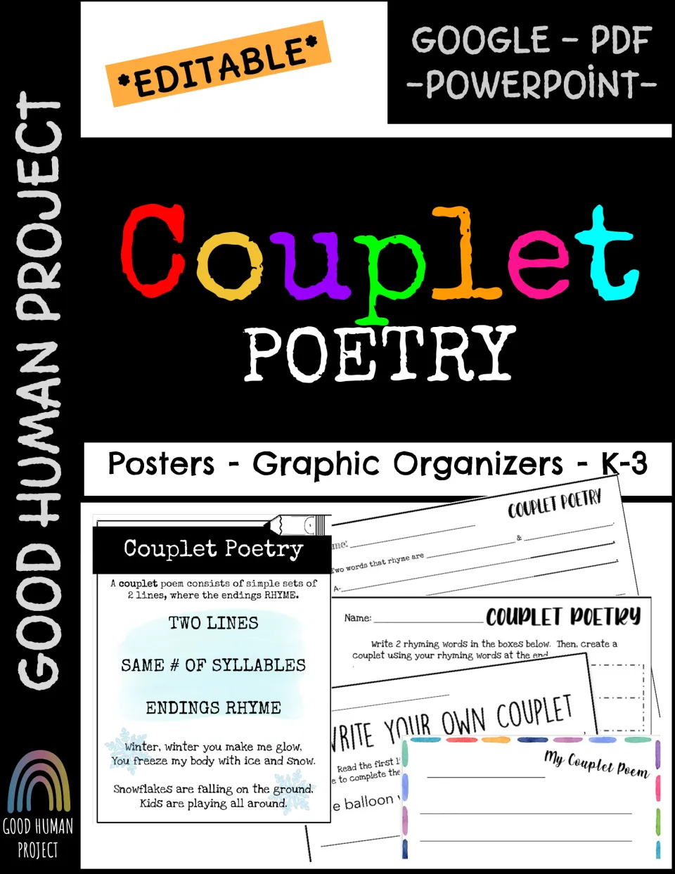 Couplet Poetry cover: editable Google, PDF and PowerPoint posters and graphic organizers, K-3, from Good Human Project