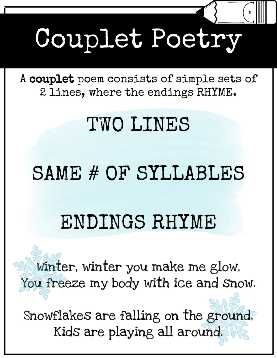 Couplet poetry poster: a couplet is 2 lines with the same syllables and rhyming endings, with two winter couplet examples