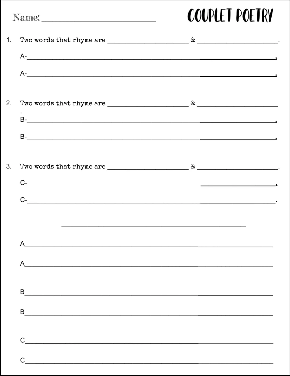Rhyming couplet planner: students list two rhyming words for A, B and C, write lines ending in them, then copy the poem