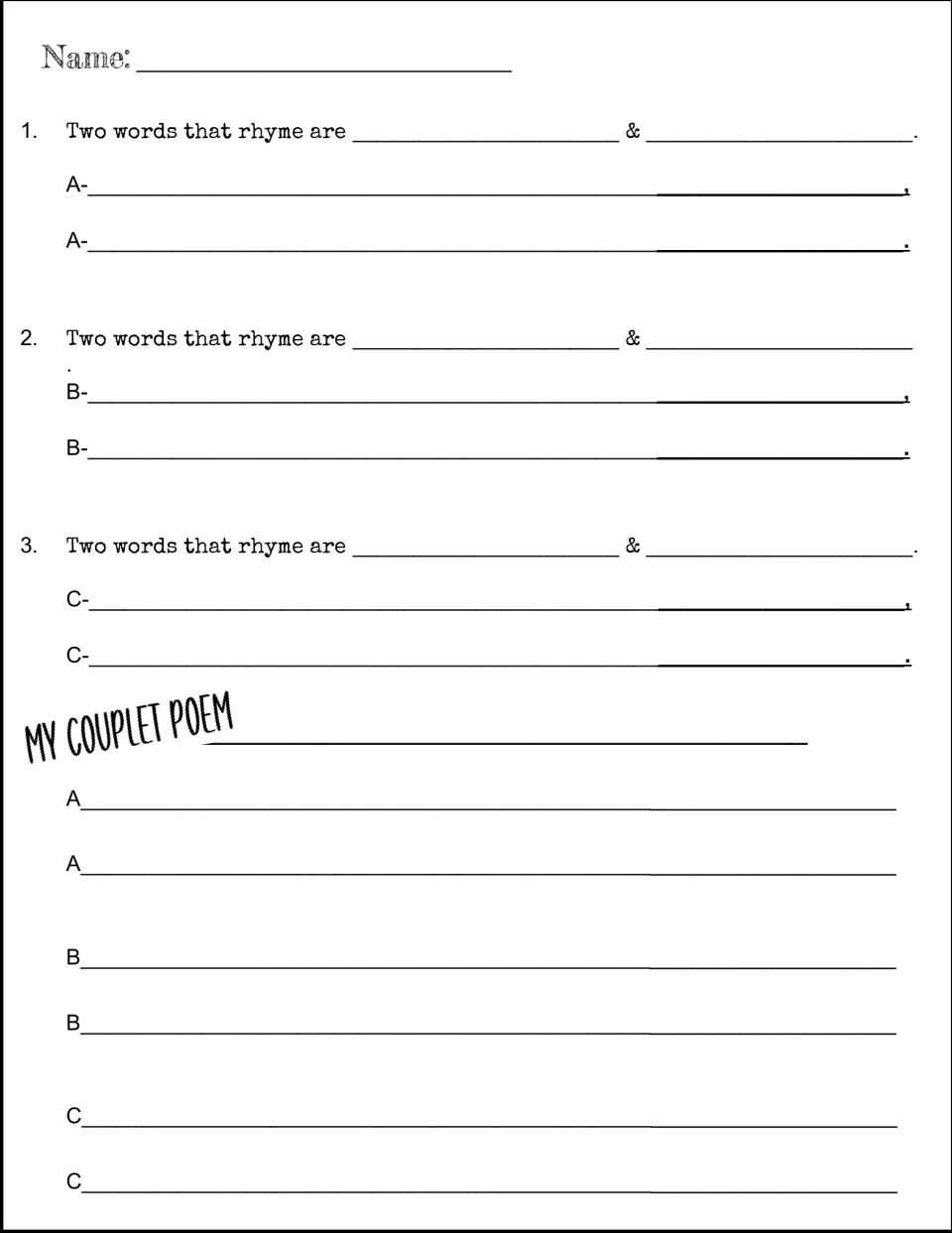Rhyming couplet planner titled My Couplet Poem: students pick rhyming word pairs A, B and C and write couplets using them