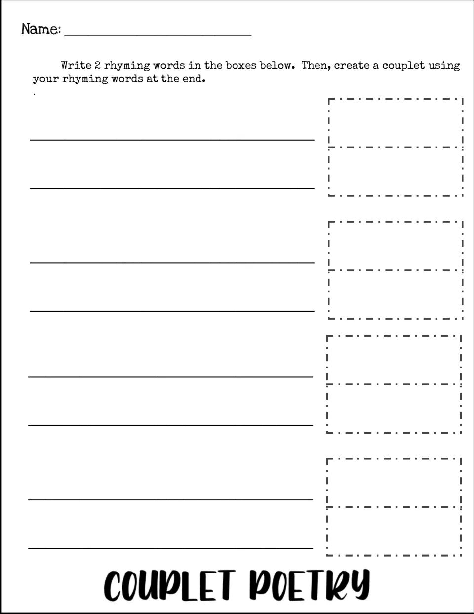 Rhyming words practice: students write 2 rhyming words in the boxes, then write a couplet ending with those words