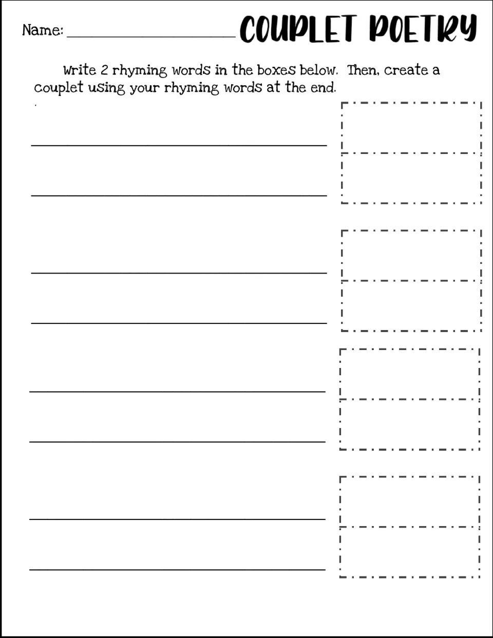 Couplet writing from rhyming words: students record 2 rhyming words in boxes and end each couplet line with them