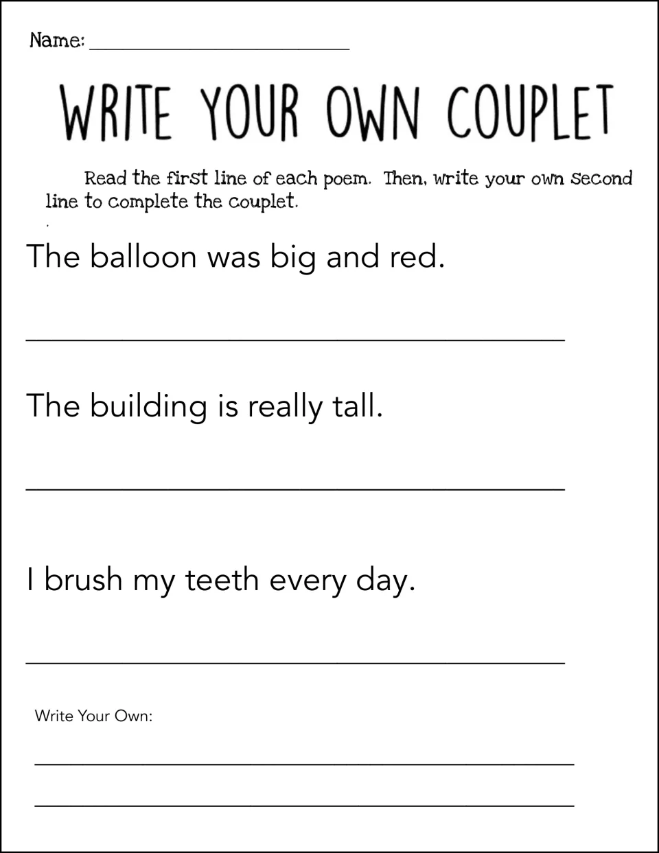 Write your own couplet: students read first lines about a balloon, a building and brushing teeth, then add rhyming lines