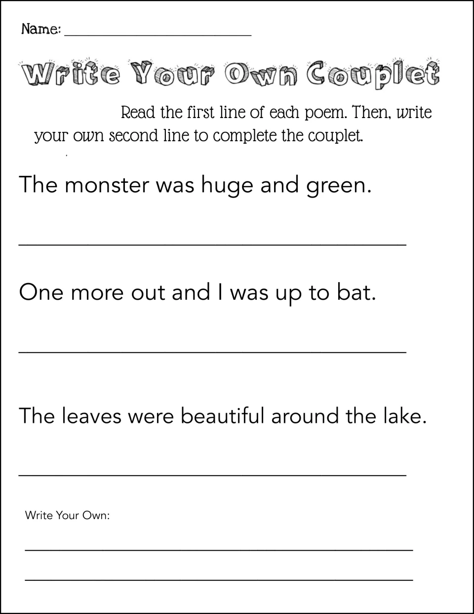 Write your own couplet: students finish first lines about a monster, a baseball at-bat and lakeside leaves with rhymes