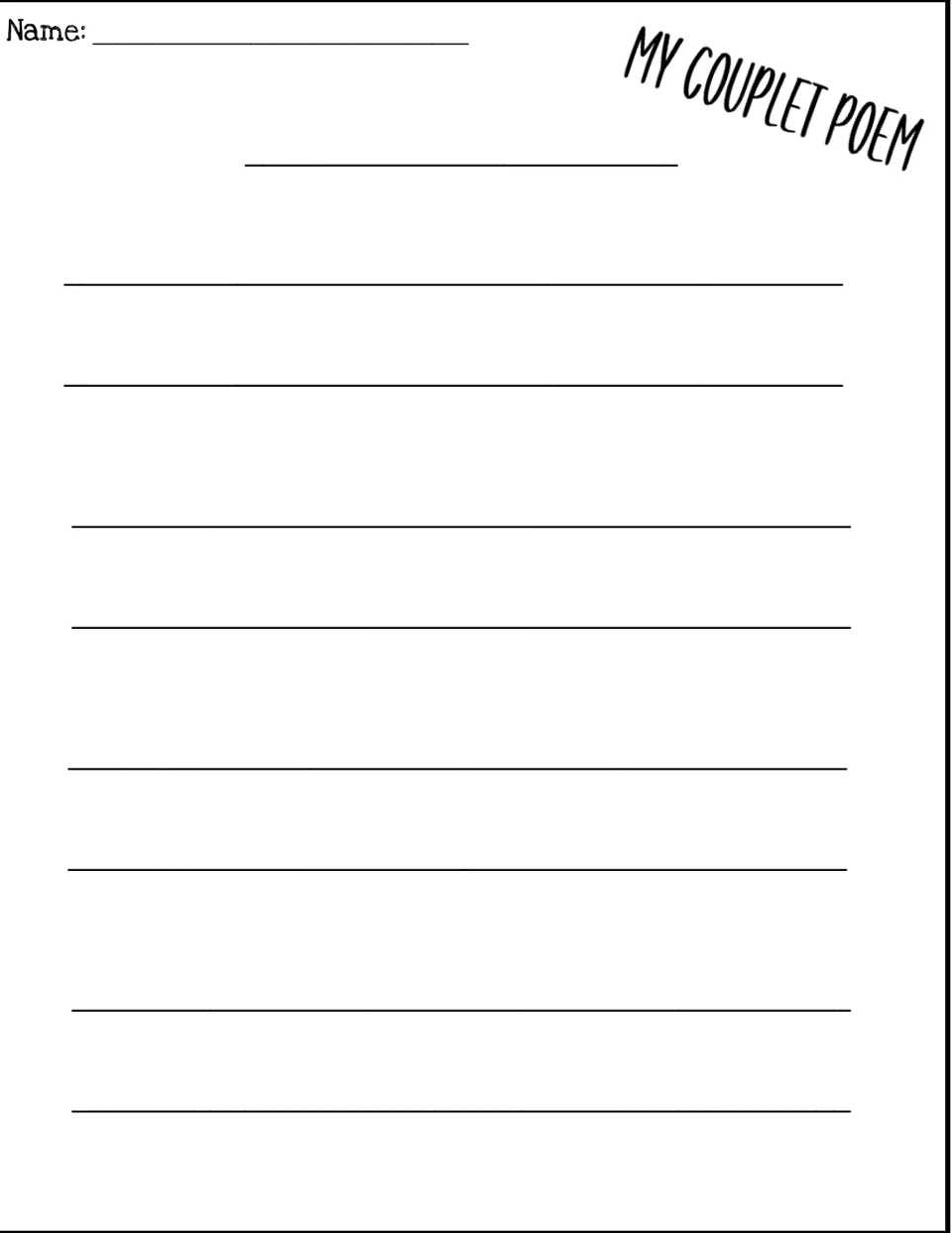 My couplet poem: blank writing page where students title a poem and write four couplets of rhyming line pairs