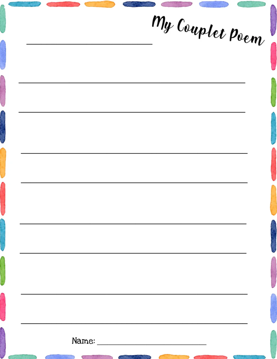 My Couplet Poem page with a watercolor stripe border: students write a title and four rhyming couplets on eight lines