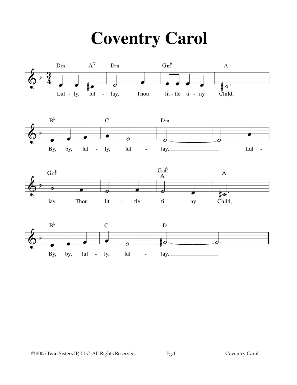 Coventry Carol melody in 3/4 with Dm, A7, Gm6, Bb and C chords and lyrics "Lully, lullay, Thou little tiny Child"